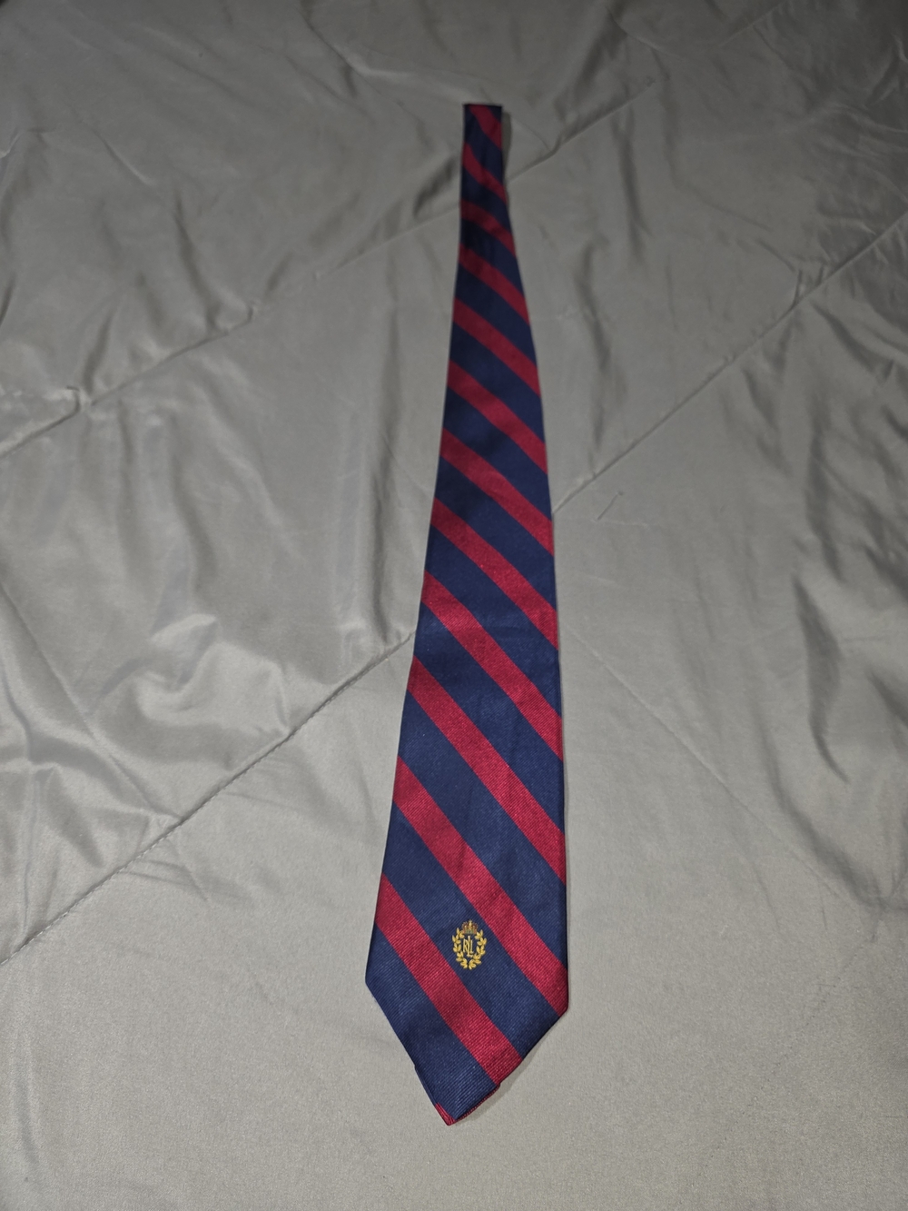 Lauren Ralph Lauren Navy and Red Striped Tie with Gold Crest 3.5"